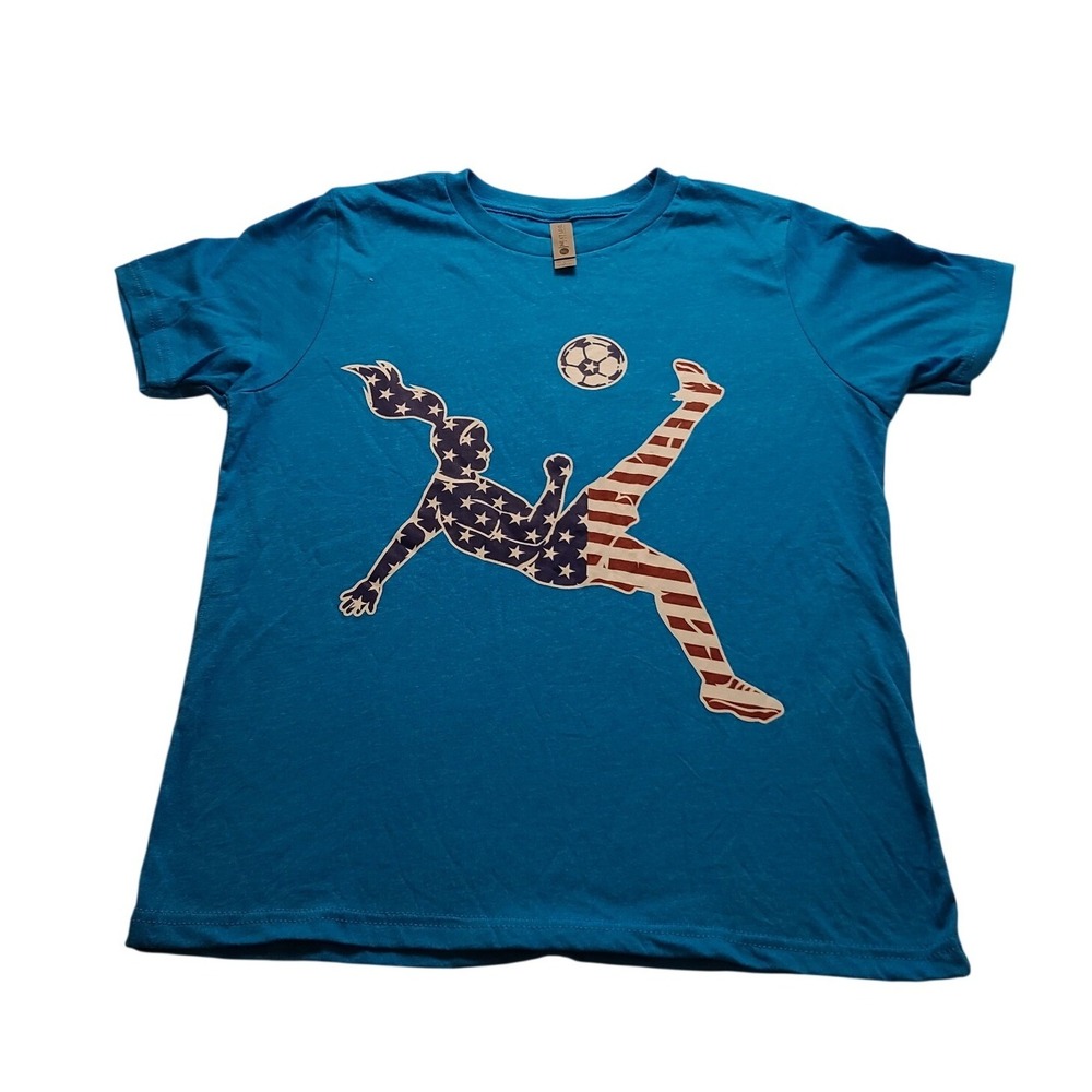 Next Level Girls USA Soccer Women's Graphic T-Shirt Blue Stars Stripes L 10/12